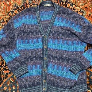 Vintage Italian 3D Knit Blue Striped Men’s Cardigan Sweater